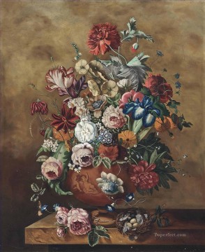  Carnation Art - Roses carnations parrot tulips morning glory and other flowers in a sculpted urn and an egg nest Jan van Huysum classical flowers